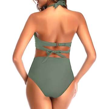 Tempt Me Women's Vintage Swimsuits Olive Green Retro Halter Ruched High Waist Bikini with Bottom L