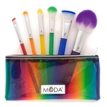 MODA Royal & Langnickel Full Size Rainbow 7pc Makeup Brush Set with Pouch, Includes - Powder, Precision Contour, Highlighter, Super Crease, Small Shader and Brow Designer Brushes, Multicolor