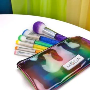 MODA Royal & Langnickel Full Size Rainbow 7pc Makeup Brush Set with Pouch, Includes - Powder, Precision Contour, Highlighter, Super Crease, Small Shader and Brow Designer Brushes, Multicolor