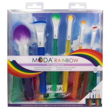 MODA Royal & Langnickel Full Size Rainbow 7pc Makeup Brush Set with Pouch, Includes - Powder, Precision Contour, Highlighter, Super Crease, Small Shader and Brow Designer Brushes, Multicolor