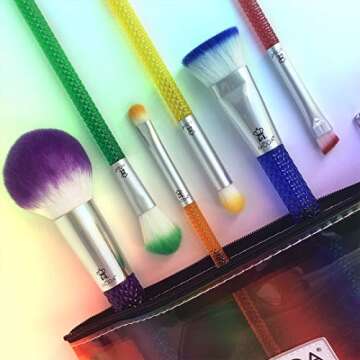 MODA Royal & Langnickel Full Size Rainbow 7pc Makeup Brush Set with Pouch, Includes - Powder, Precision Contour, Highlighter, Super Crease, Small Shader and Brow Designer Brushes, Multicolor