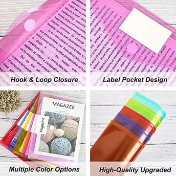 EOOUT 45 Pack Plastic Envelopes Poly Envelopes, Clear Document File Folders with Hook & Loop Closure, A4 Size with Label Pocket for School Home Work Office Organization, 8 Colors