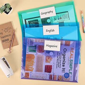 EOOUT 45 Pack Plastic Envelopes Poly Envelopes, Clear Document File Folders with Hook & Loop Closure, A4 Size with Label Pocket for School Home Work Office Organization, 8 Colors