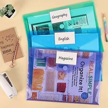 EOOUT 45 Pack Plastic Envelopes Poly Envelopes, Clear Document File Folders with Hook & Loop Closure, A4 Size with Label Pocket for School Home Work Office Organization, 8 Colors