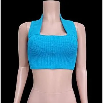 Women Ribbed Knit Crop Top Bustier Sexy Sleeveless Halter Cami Shirts Casual Backless Knitted Tank Vest Streetwear(Bandeau Blue,S)