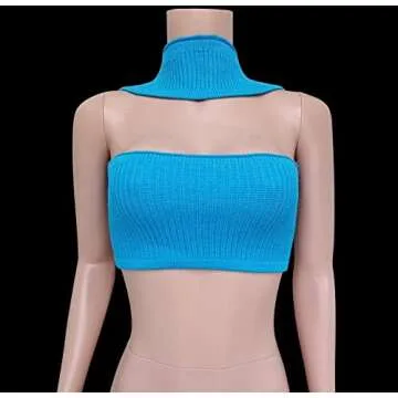 Women Ribbed Knit Crop Top Bustier Sexy Sleeveless Halter Cami Shirts Casual Backless Knitted Tank Vest Streetwear(Bandeau Blue,S)