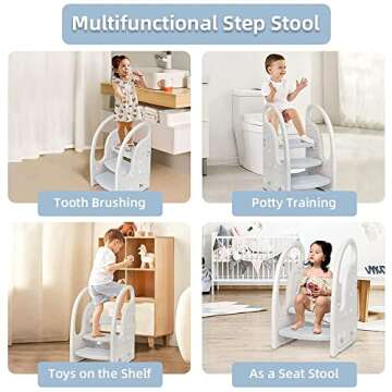Toddler 3 Step Stool Onasti Kids Standing Tower for Toddlers Plastic Learning Helper Stool for Kitchen Counter Bathroom Sink Toilet Potty Training with Handles and Non-Slip Pads-Grey White