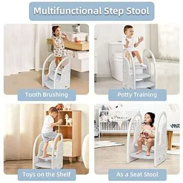 Toddler 3 Step Stool Onasti Kids Standing Tower for Toddlers Plastic Learning Helper Stool for Kitchen Counter Bathroom Sink Toilet Potty Training with Handles and Non-Slip Pads-Grey White