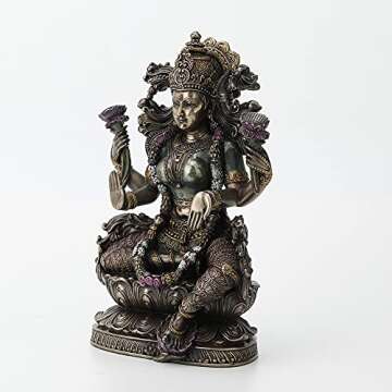Veronese Design 9 1/2 Inch Tall Lakshmi Hindu Goddess Sitting On Lotus Cold Cast Bronzed Resin Statue Religious Figurine Spiritual Collectible