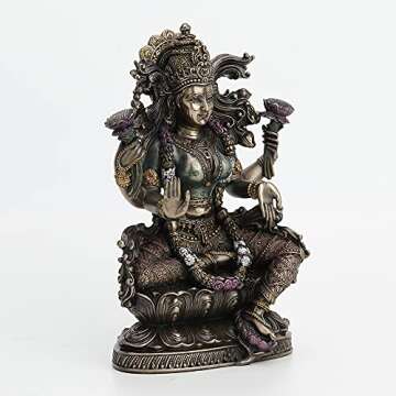 Veronese Design 9 1/2 Inch Tall Lakshmi Hindu Goddess Sitting On Lotus Cold Cast Bronzed Resin Statue Religious Figurine Spiritual Collectible