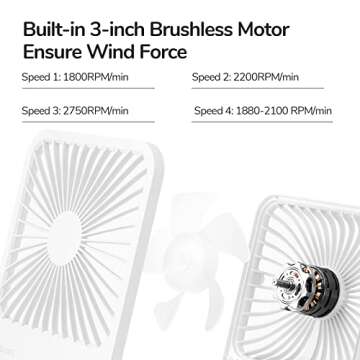JISULIFE Small Desk Fan Battery Operated, 180° Foldable Portable Fan, 4 Speeds Adjustable Ultra Quiet for Home Office Travel Outdoor-White