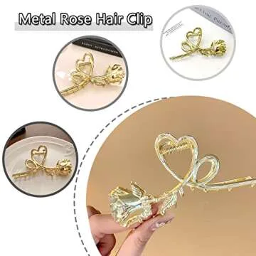 1Pcs Rose Hair Claw Clips for Women Large Metal Gold Hair Clips No Slips Gold Flower Hair Clips for Thick or Thin Hair Makeup Cooking Wear Glossy Strong Hold Hair Accessories for Girls