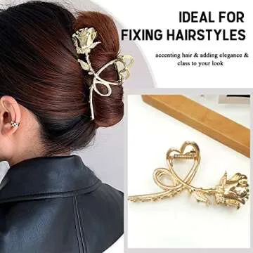 1Pcs Rose Hair Claw Clips for Women Large Metal Gold Hair Clips No Slips Gold Flower Hair Clips for Thick or Thin Hair Makeup Cooking Wear Glossy Strong Hold Hair Accessories for Girls