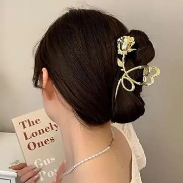 1Pcs Rose Hair Claw Clips for Women Large Metal Gold Hair Clips No Slips Gold Flower Hair Clips for Thick or Thin Hair Makeup Cooking Wear Glossy Strong Hold Hair Accessories for Girls