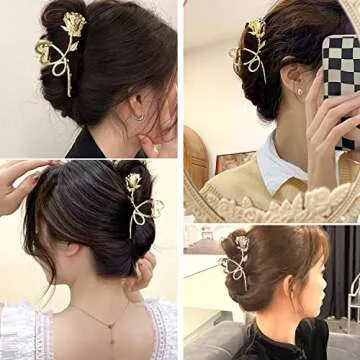1Pcs Rose Hair Claw Clips for Women Large Metal Gold Hair Clips No Slips Gold Flower Hair Clips for Thick or Thin Hair Makeup Cooking Wear Glossy Strong Hold Hair Accessories for Girls