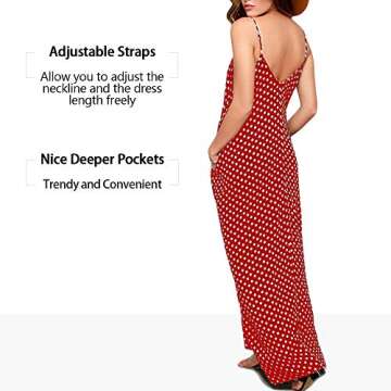 EXLURA Women Casual Boho Plus Size Summer Maxi Dresses Polka Dot/Floral Printed Adjustable Strappy Dress with Pockets