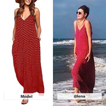 EXLURA Women Casual Boho Plus Size Summer Maxi Dresses Polka Dot/Floral Printed Adjustable Strappy Dress with Pockets