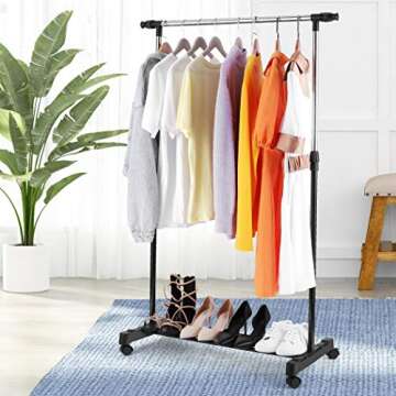 Clothing Garment Racks, Removable and Adjustable Height Storage Shelf for Hanging Clothes, Houseware Garment Organizer with Wheels