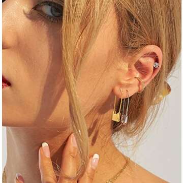 Gold-Plated Safety Pin Earrings for Women Silver Lock Safety Pin Hoop Earrings for Her