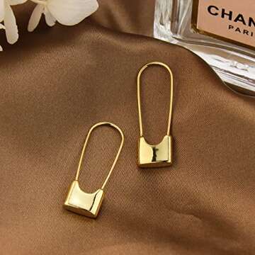 Gold-Plated Safety Pin Earrings for Women Silver Lock Safety Pin Hoop Earrings for Her