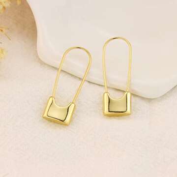Gold-Plated Safety Pin Earrings for Women Silver Lock Safety Pin Hoop Earrings for Her