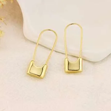 Gold-Plated Safety Pin Earrings for Women Silver Lock Safety Pin Hoop Earrings for Her