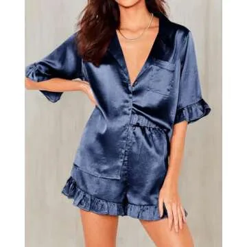 Beladymn Women's Silk Satin Pajamas Set Ruffle Short Sleeve Sleepwear Button Down Two-Piece Pjs Shorts Set Loungewear Navy Blue