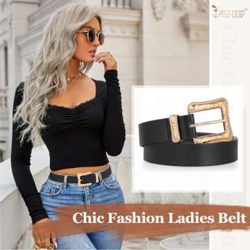 JASGOOD Plus Size Fashion Women's Leather Belt with Gold Buckle