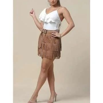 ChiyeeKiss Sparkle Rhinestone Fringe Skirt for Women