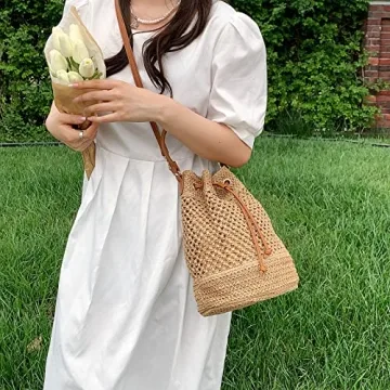 Eco-Friendly Straw Bucket Bag for Women Summer Beach Handbag