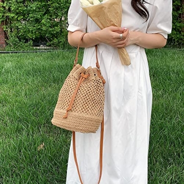 Eco-Friendly Straw Bucket Bag for Women Summer Beach Handbag