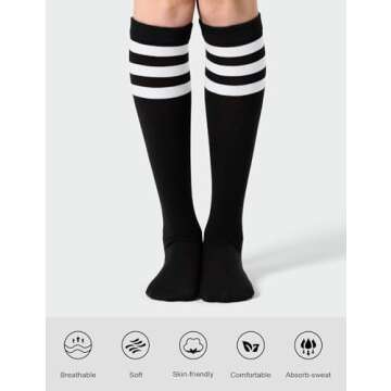 Joulli Women's Knee High Athletic Socks Stripe Tube Outdoor Sport Socks 3 Pairs, Black Mix
