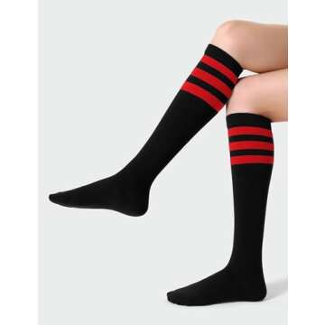 Joulli Women's Knee High Athletic Socks Stripe Tube Outdoor Sport Socks 3 Pairs, Black Mix