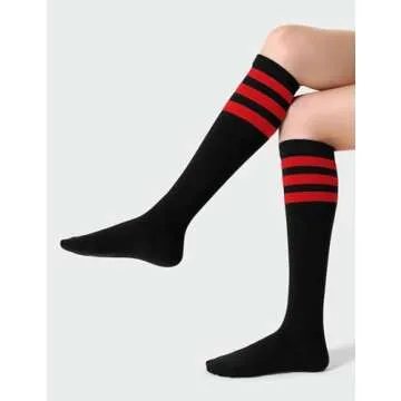 Joulli Women's Knee High Athletic Socks Stripe Tube Outdoor Sport Socks 3 Pairs, Black Mix