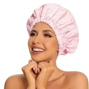 Reusable Shower Cap for Women, Large Waterproof Shower Bonnet Washable Elastic Band Bath Hair Hat for Long Hair, Braids(Pink)