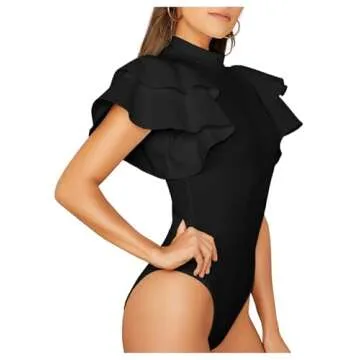 SOLY HUX Women's Ruffle Mock Neck Butterfly Sleeve Skinny Bodysuit Black XL