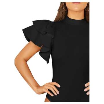 SOLY HUX Women's Ruffle Mock Neck Butterfly Sleeve Skinny Bodysuit Black XL