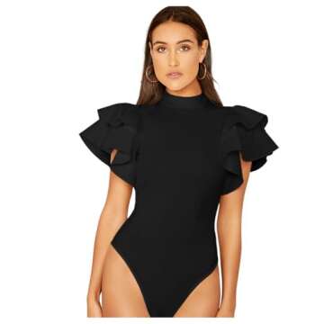 SOLY HUX Women's Ruffle Mock Neck Butterfly Sleeve Skinny Bodysuit Black XL