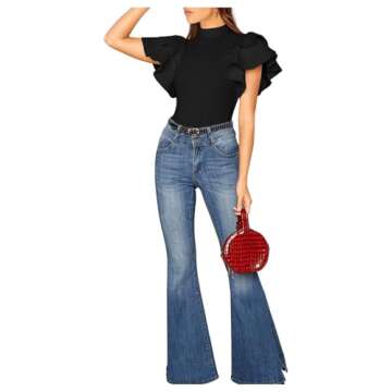 SOLY HUX Women's Ruffle Mock Neck Butterfly Sleeve Skinny Bodysuit Black XL