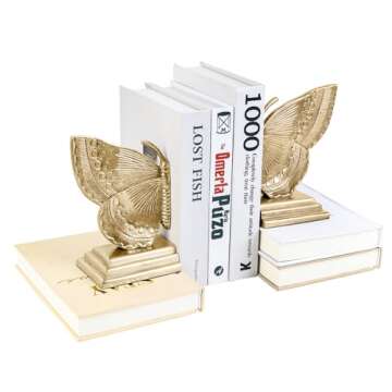 NOVAURB Vintage Brass Decorative Bookends Butterfly Design, Heavy Sturdy Cast Iron Book Ends, Metal ...