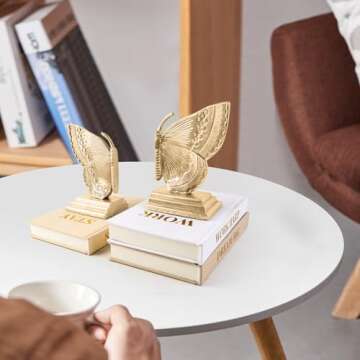 NOVAURB Vintage Brass Decorative Bookends Butterfly Design, Heavy Sturdy Cast Iron Book Ends, Metal Bronze Shelves Stoppers Holder Decor, 1Pair/2Piece