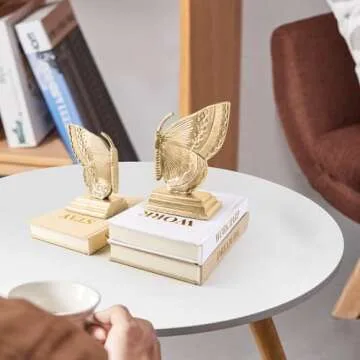 NOVAURB Vintage Brass Decorative Bookends Butterfly Design, Heavy Sturdy Cast Iron Book Ends, Metal Bronze Shelves Stoppers Holder Decor, 1Pair/2Piece
