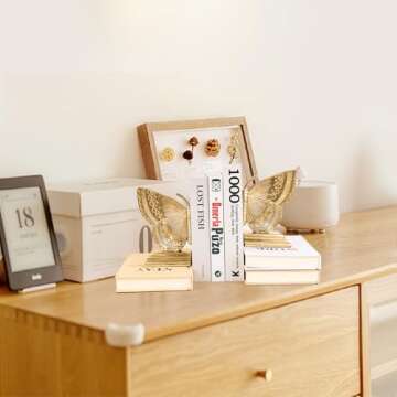 NOVAURB Vintage Brass Decorative Bookends Butterfly Design, Heavy Sturdy Cast Iron Book Ends, Metal Bronze Shelves Stoppers Holder Decor, 1Pair/2Piece