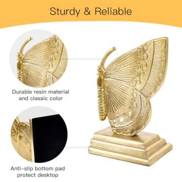 NOVAURB Vintage Brass Decorative Bookends Butterfly Design, Heavy Sturdy Cast Iron Book Ends, Metal Bronze Shelves Stoppers Holder Decor, 1Pair/2Piece