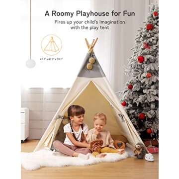 besrey Teepee Tent for Kids with Light & Mat, Kids Tents Indoor Play Tent Playhouse, Toddler Teepee 100% Cotton, tee Pee Tents for Kids Indoor, Kids Teepee,Children Room Tent