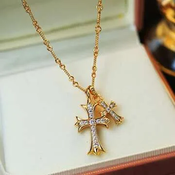 SRAGTKR Double Cross Vintage Celtic Rhinestone Cross Pendant Necklace Choker Necklace 14K Gold for Women (Yellow Gold)