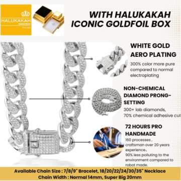 Halukakah Gold Chain Iced Out for Men,Men's 14MM Miami Cuban Link Chain Choker Necklace 20In(50cm) Platinum White Gold Finish,Full Cz Diamond Prong Set,Gift for Him