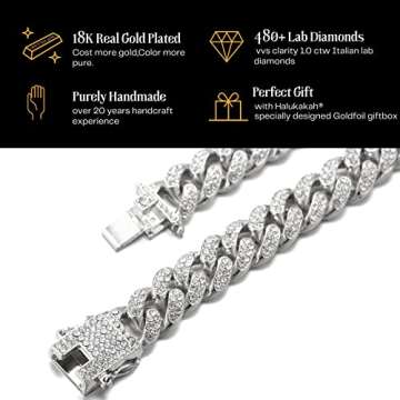 Halukakah Gold Chain Iced Out for Men,Men's 14MM Miami Cuban Link Chain Choker Necklace 20In(50cm) Platinum White Gold Finish,Full Cz Diamond Prong Set,Gift for Him