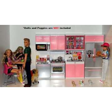 PowerTRC Doll Kitchen Play Set, Mini Modern Toy Pink Kitchen Pretend Play Furnitures Toy Set Accesso...