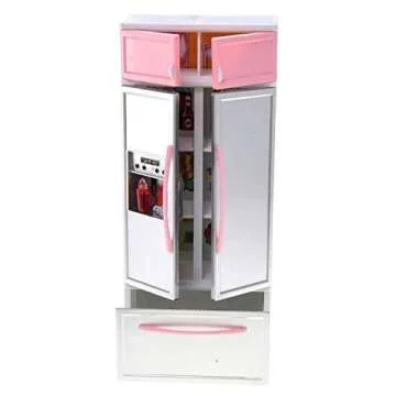 PowerTRC Doll Kitchen Play Set, Mini Modern Toy Pink Kitchen Pretend Play Furnitures Toy Set Accessories Set with Realistic Light & Sound for Kids Toddlers Girls (4-in-1)